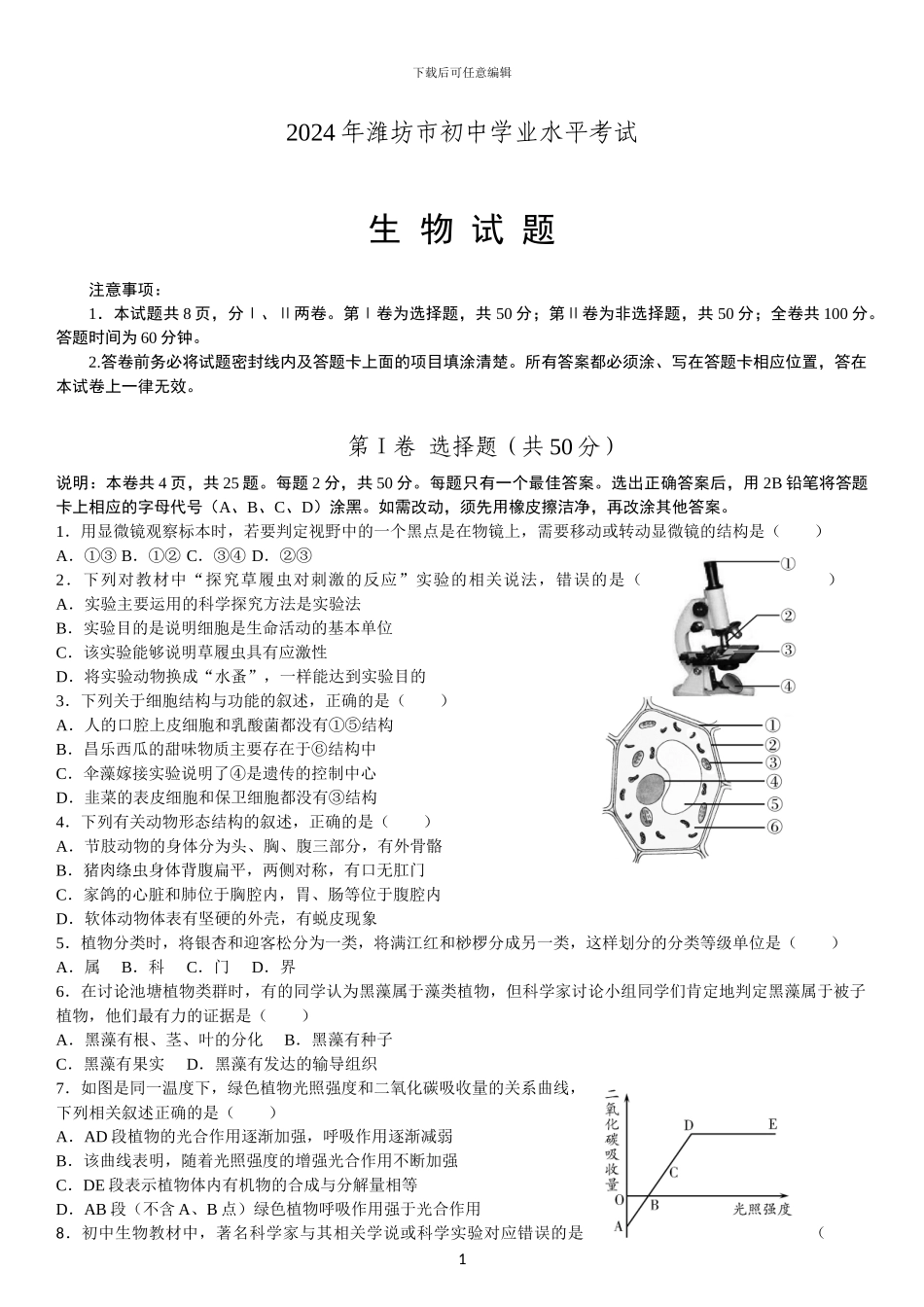 2024年潍坊市初中学业水平考试生物试题_第1页
