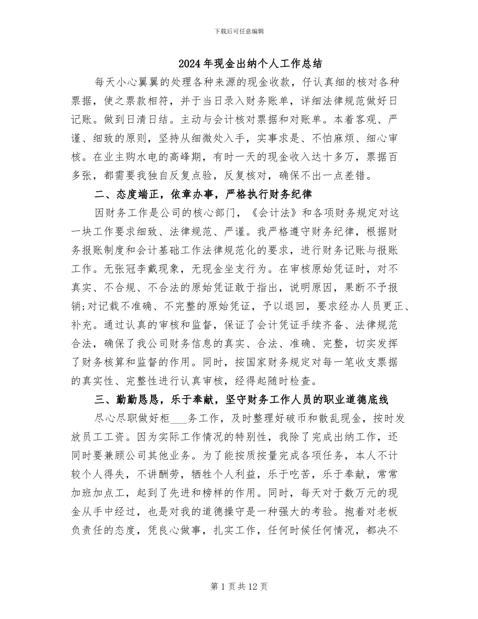 2024年现金出纳个人工作总结_第1页