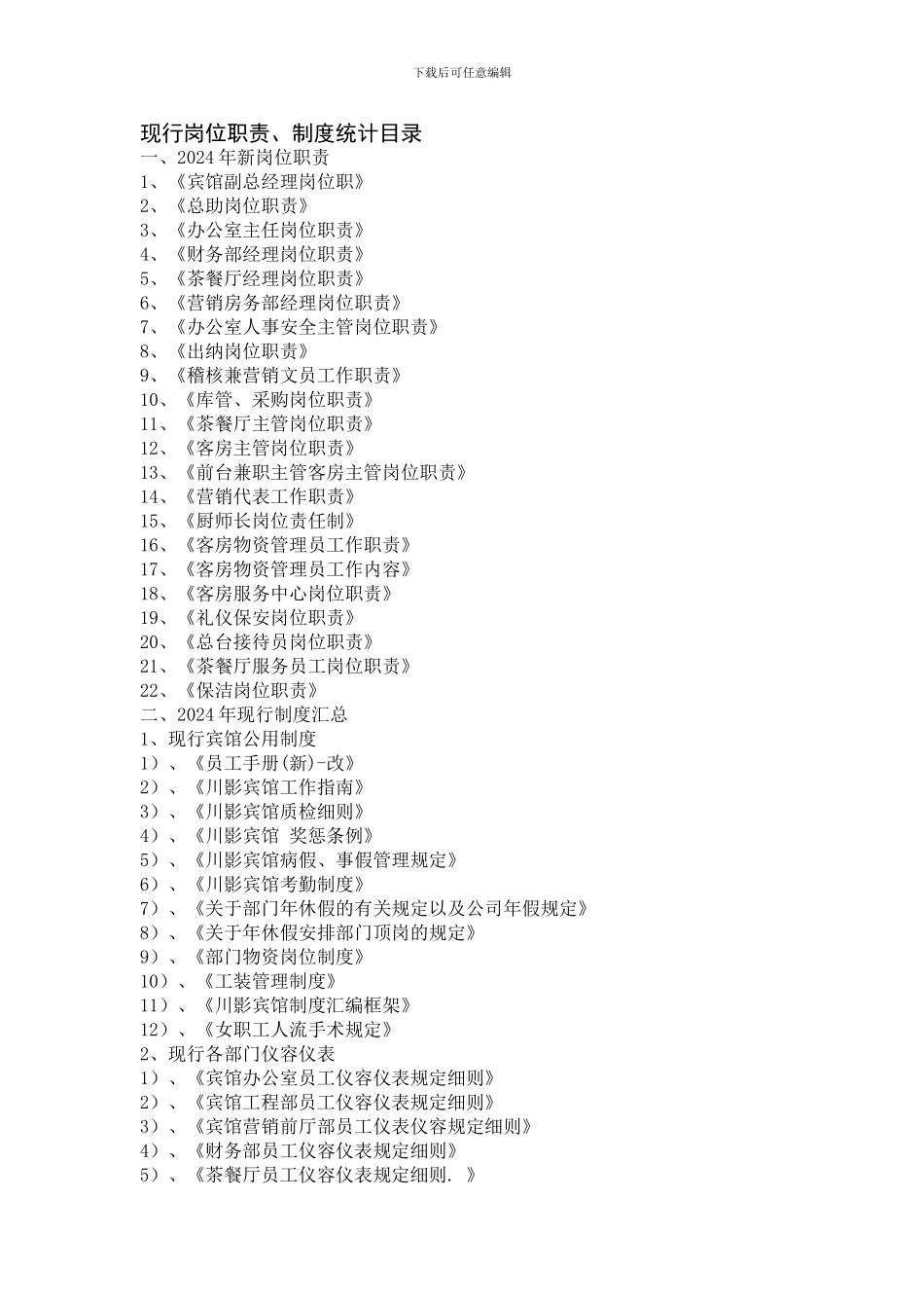 2024年现行岗位职责、制度统计目录912_第1页