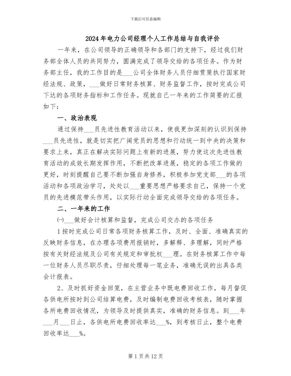 2024年电力公司经理个人工作总结与自我评价_第1页