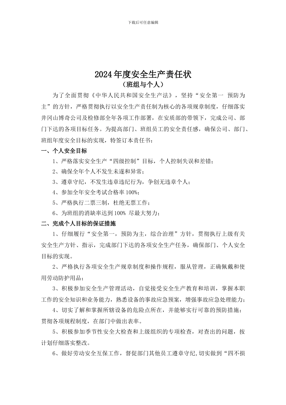 2024年电热二班班组与个人安全生产责任书_第2页