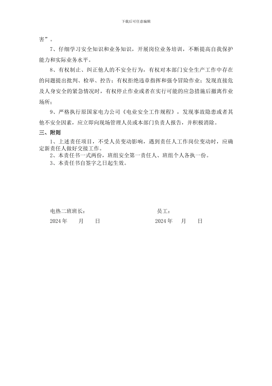 2024年电热二班班组与个人安全生产责任书_第3页