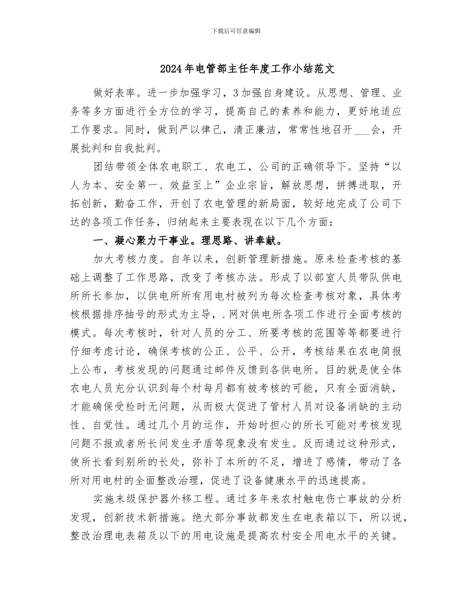2024年电管部主任年度工作小结范文_第1页