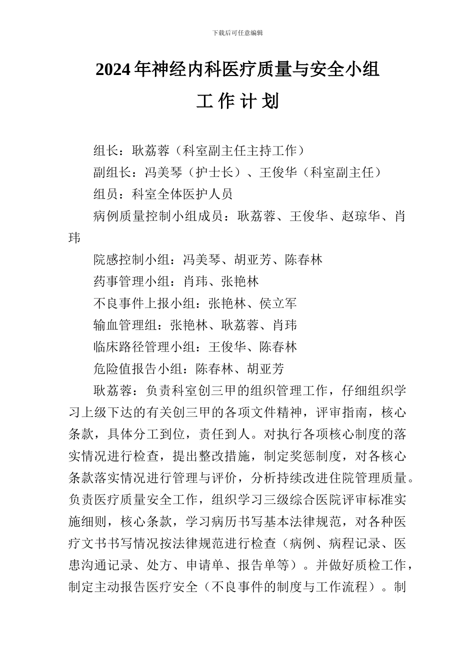 2024年神经内科医疗质量与安全小组工作计划_第1页