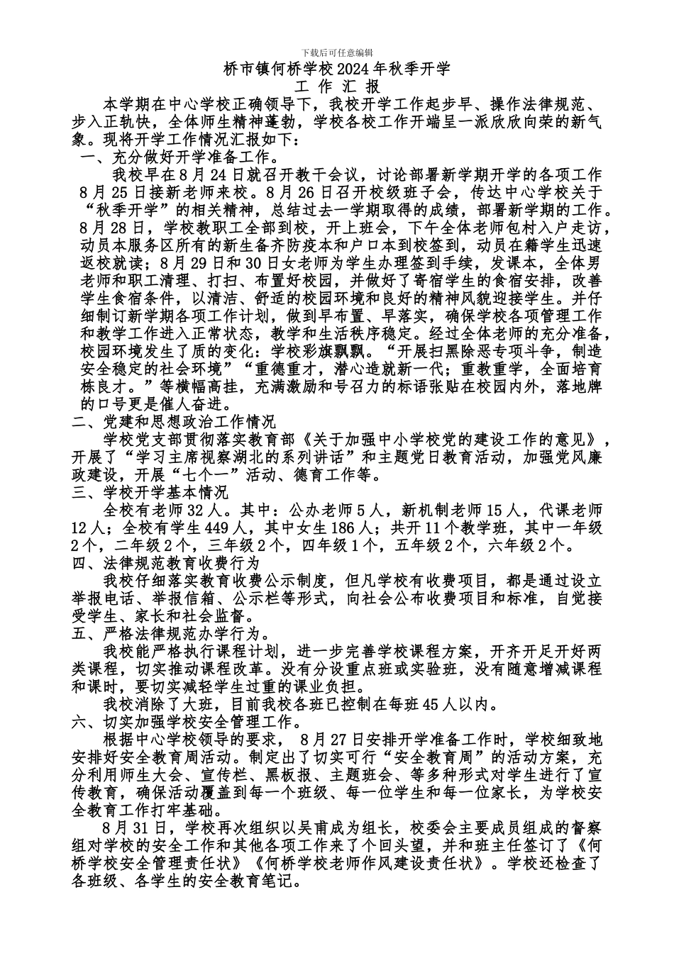 2024年秋开学工作汇报材料_第1页