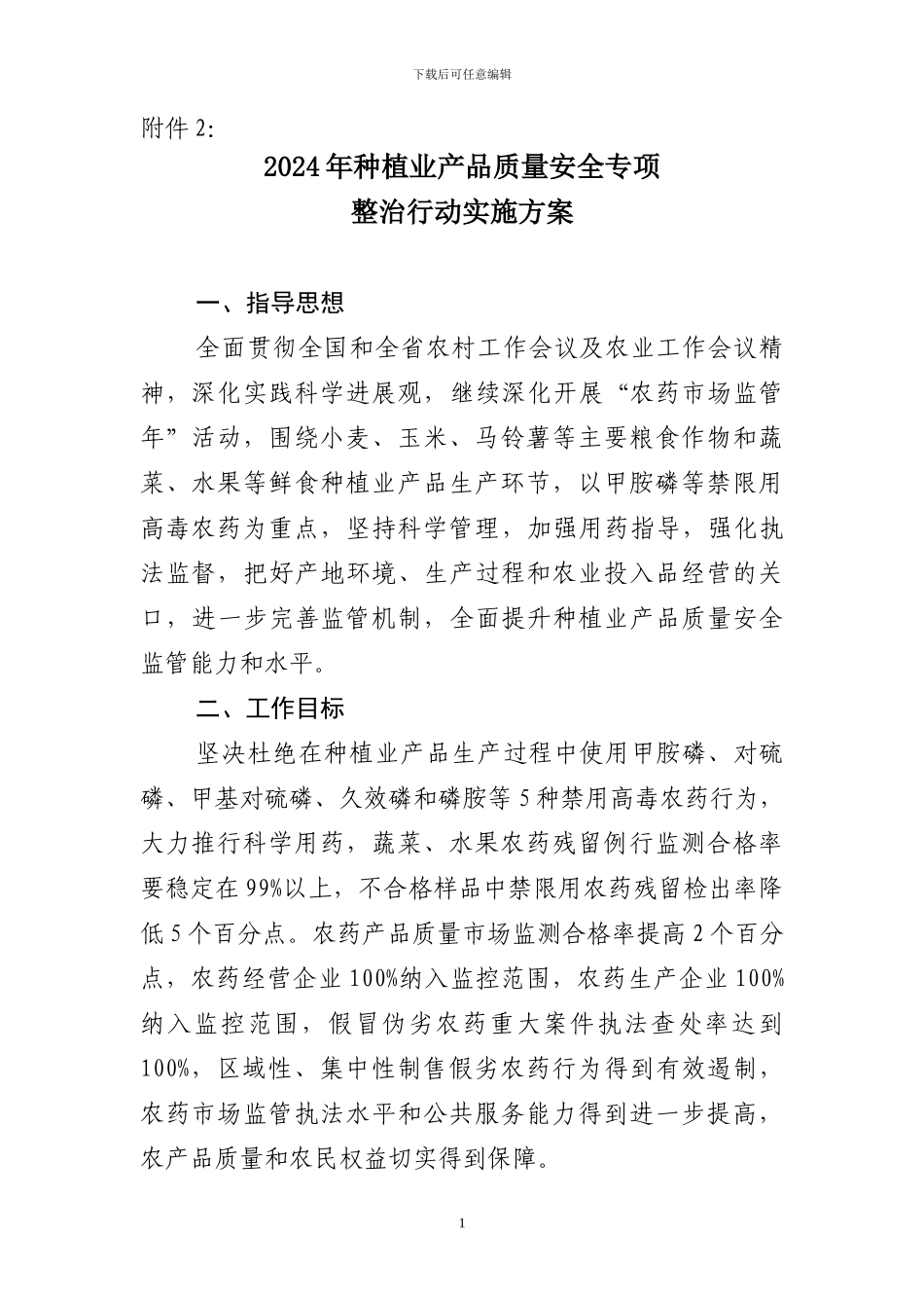 2024年种植业产品质量安全专项整治行动实施方案_第1页