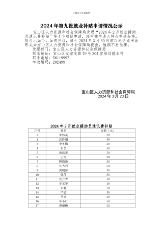 2024年第九批就业补贴申请情况公示
