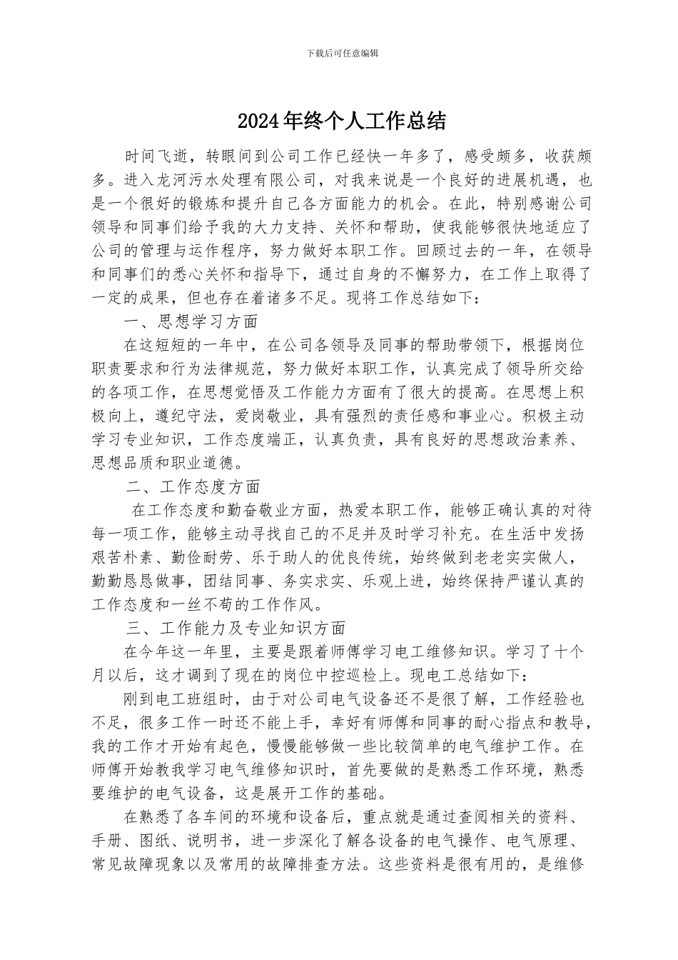 2024年终电工个人工作总结_第1页