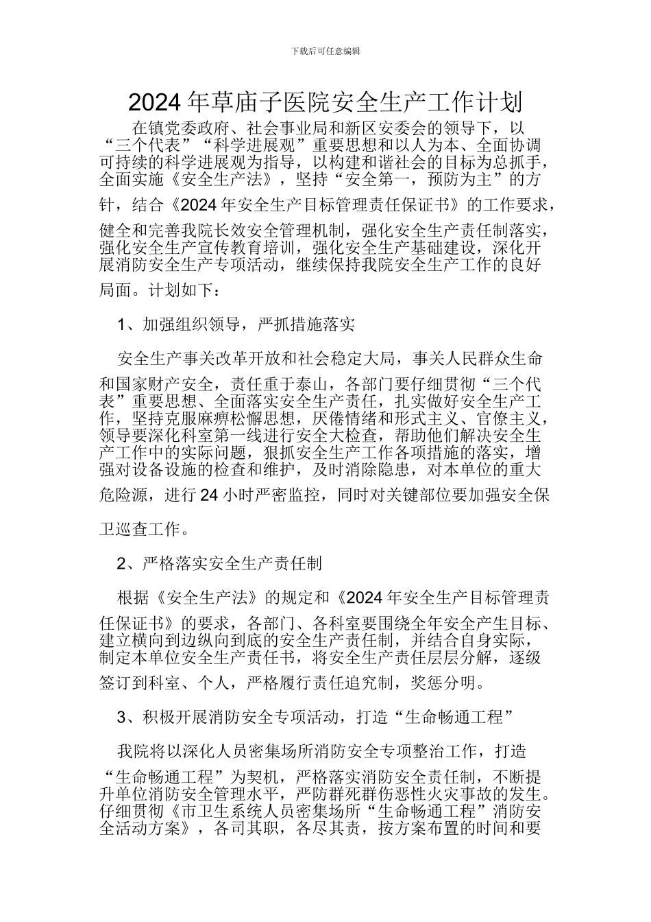 2024年草庙子医院安全生产工作计划_第1页