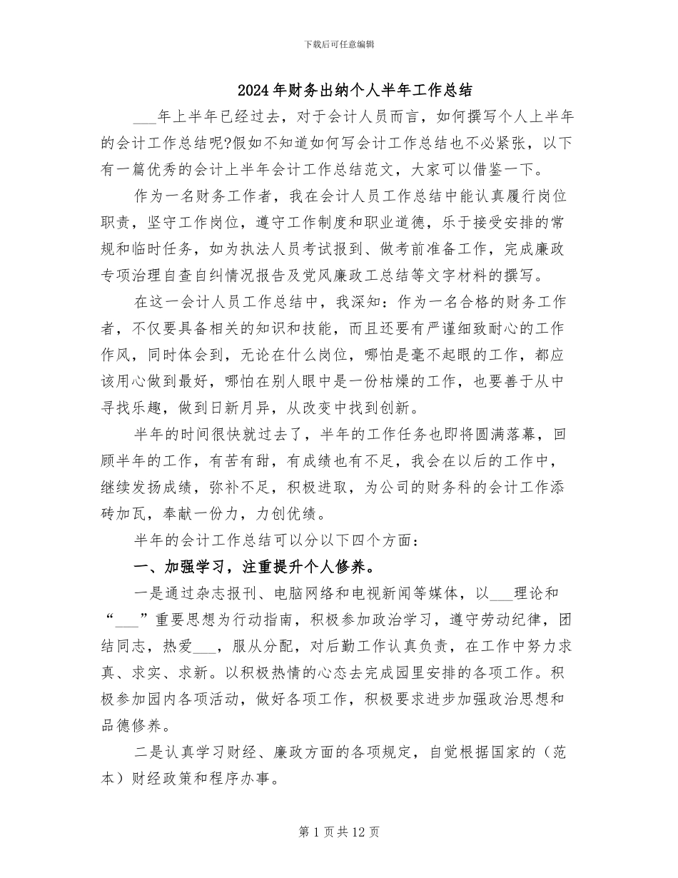 2024年财务出纳个人半年工作总结_第1页
