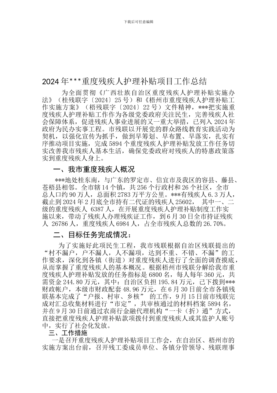 2024年重度残疾人护理补贴项目工作总结_第1页