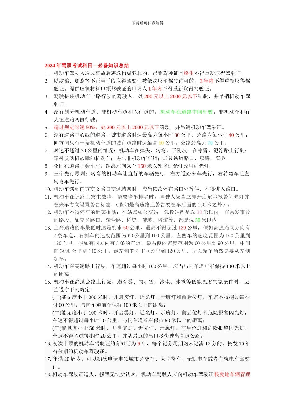 2024年驾照考试科目一必备知识总结_第1页