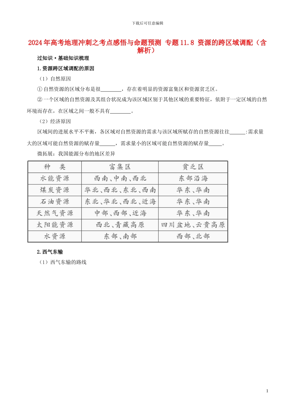 2024年高考地理冲刺之考点感悟与命题预测-专题11.8-资源的跨区域调配_第1页
