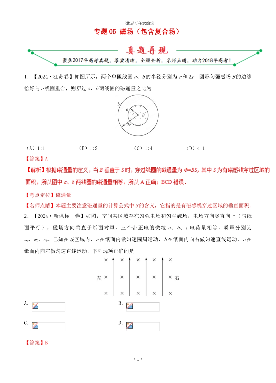 2024年高考物理高考题和高考模拟题分项版汇编专题05-磁场包含复合场_第1页
