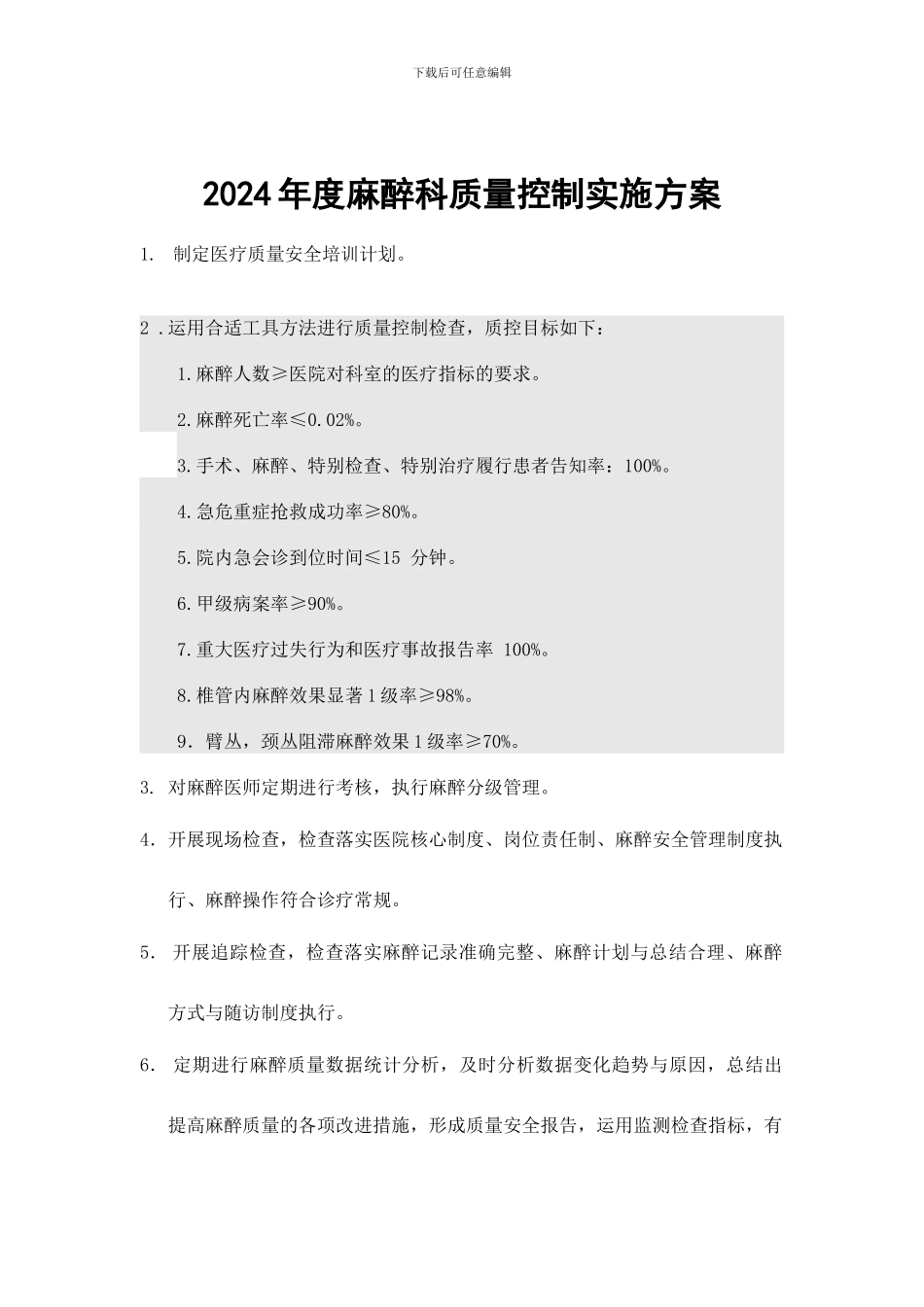 2024年麻醉科质量控制工作计划_第1页