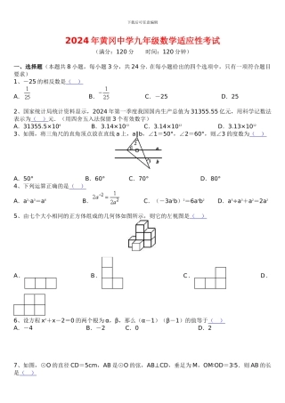2024年黄冈中学九年级数学适应性考试