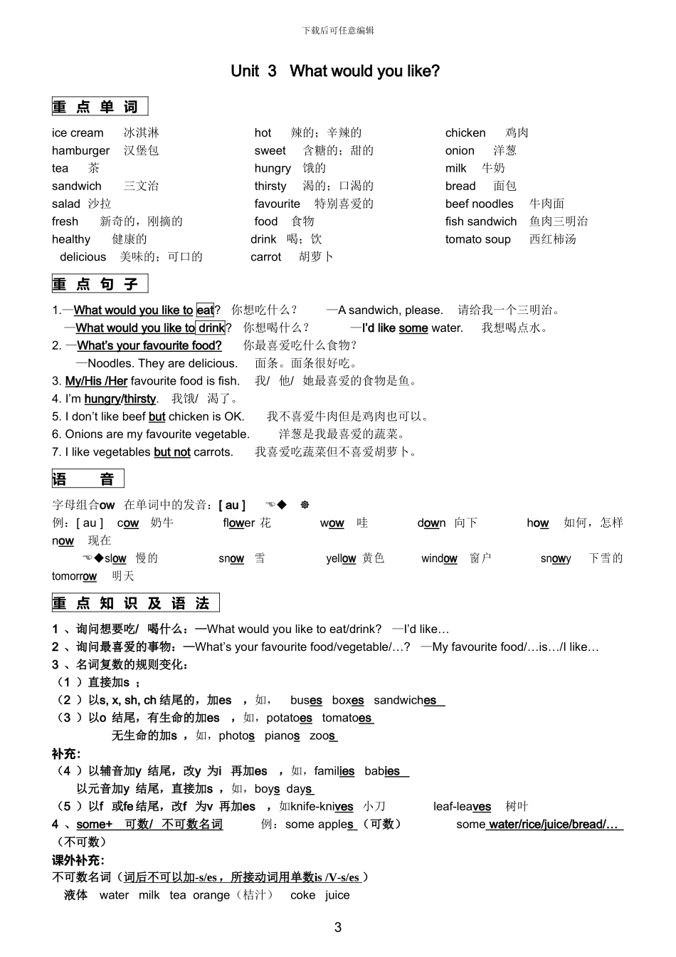 2024新人教版PEP五年级英语上册各单元知识点总结_第3页