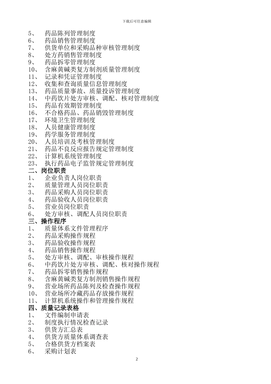 2024新版GSP规范质量管理制度、岗位职责、操作规程-记录及表格等_第2页