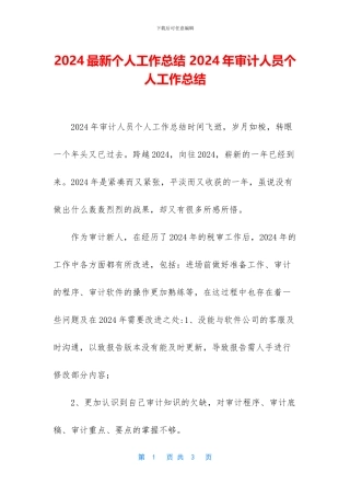 2024最新个人工作总结-2024年审计人员个人工作总结