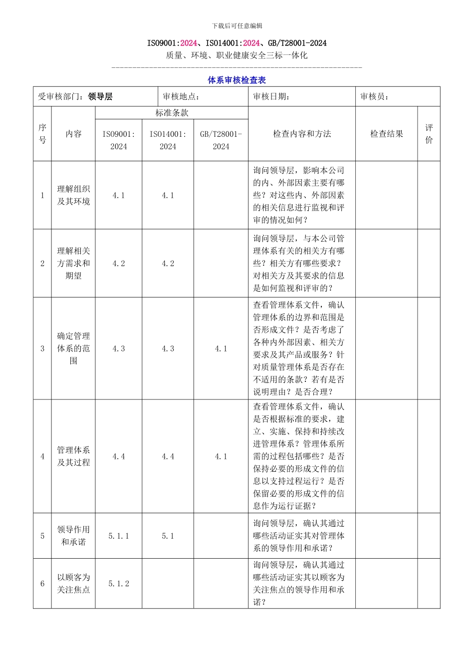 2024版三标一体化管理体系内审检查表_第1页