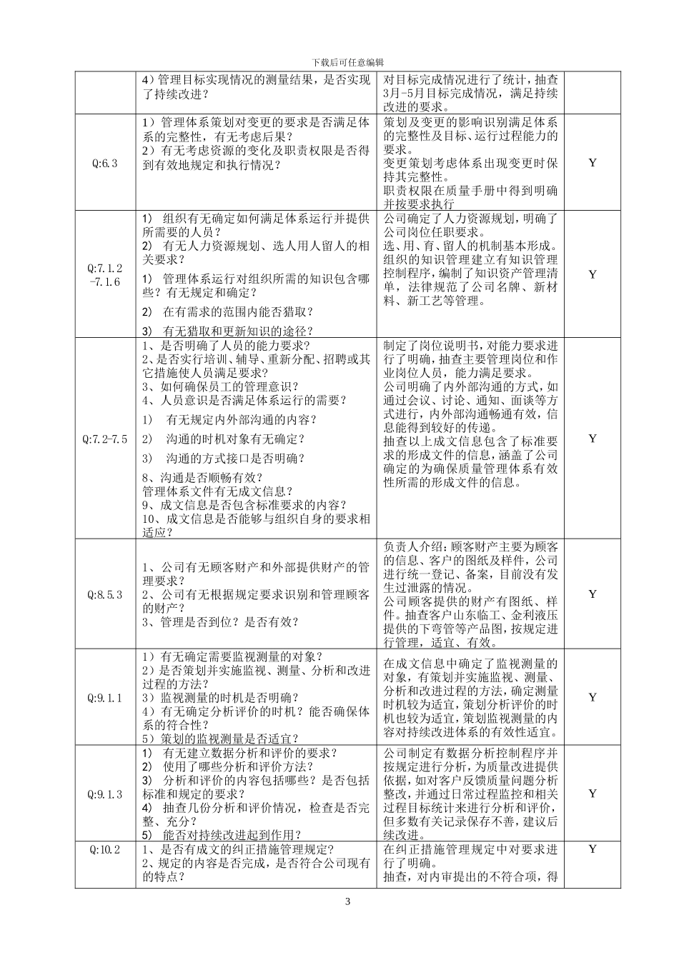 2024版质量体系各部门内审检查表及审核记录_第3页
