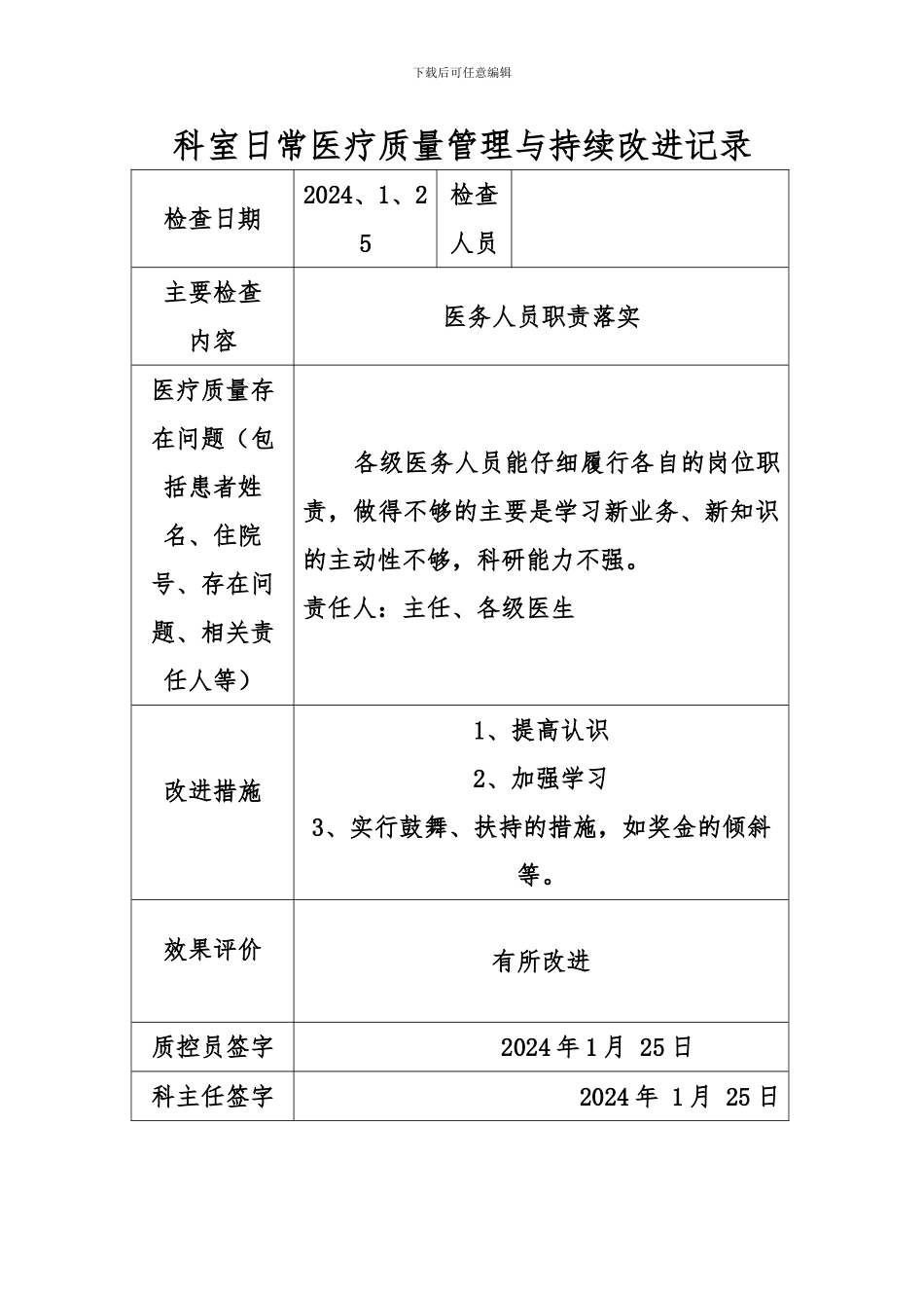 2024科室日常医疗质量与持续改进记录_第1页