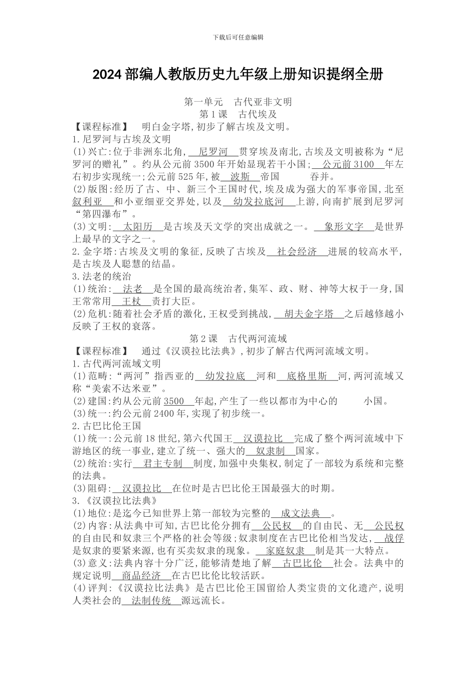 2024部编人教版历史九年级上册知识提纲全册_第1页