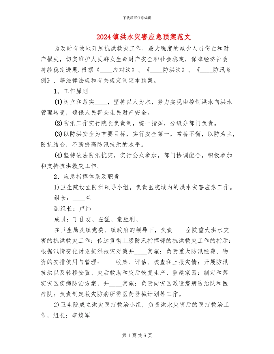 2024镇洪水灾害应急预案范文_第1页