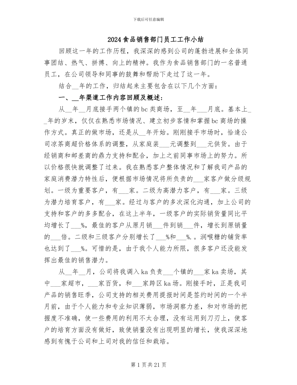 2024食品销售部门员工工作小结_第1页