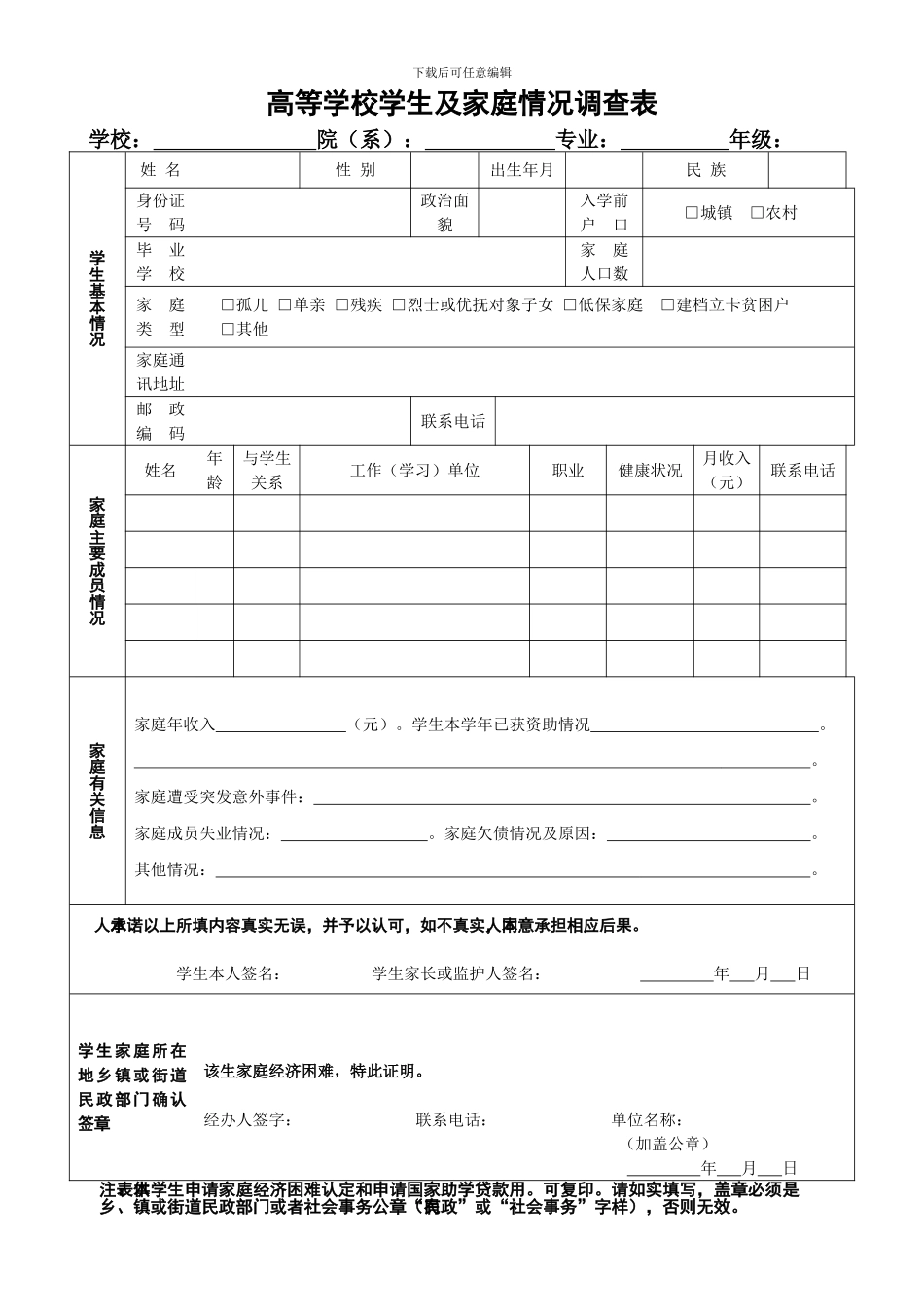 2024高等学校学生家庭情况调查表_第1页