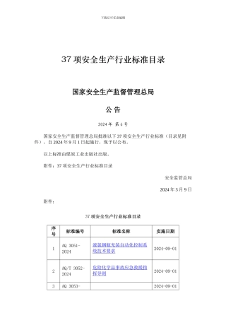 37项安全生产行业标准目录