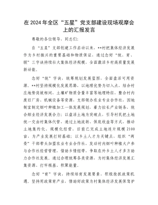 在2024年全区“五星”党支部建设现场观摩会上的汇报发言