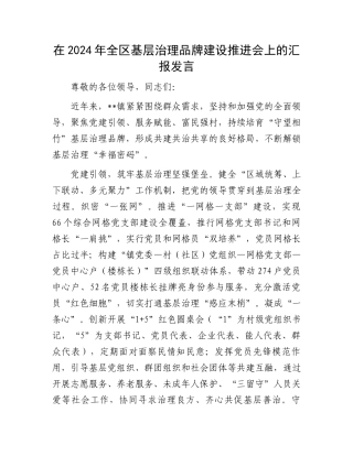 在2024年全区基层治理品牌建设推进会上的汇报发言