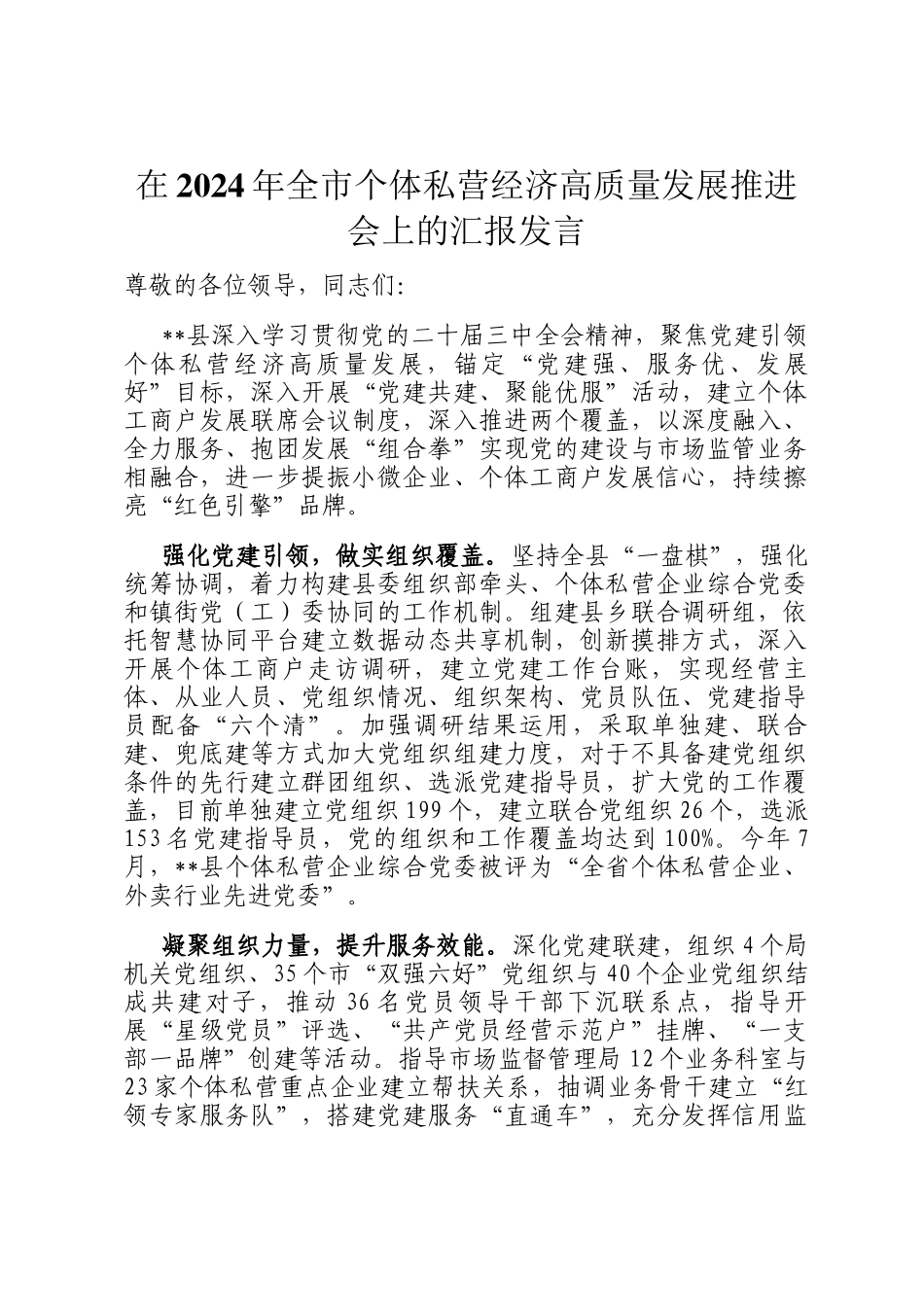 在2024年全市个体私营经济高质量发展推进会上的汇报发言_第1页