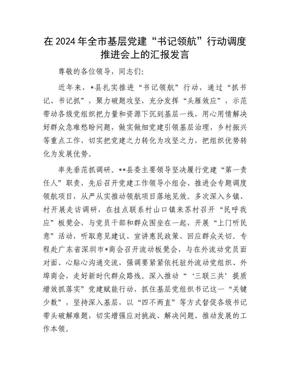 在2024年全市基层党建“书记领航”行动调度推进会上的汇报发言_第1页