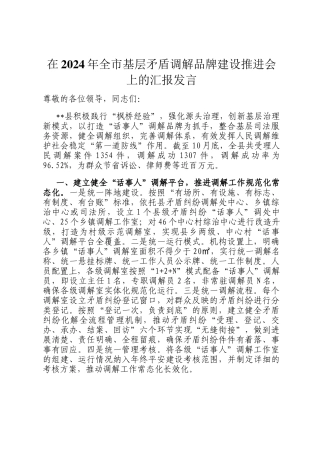 在2024年全市基层矛盾调解品牌建设推进会上的汇报发言