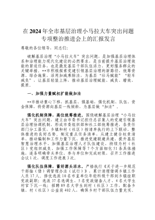 在2024年全市基层治理小马拉大车突出问题专项整治推进会上的汇报发言