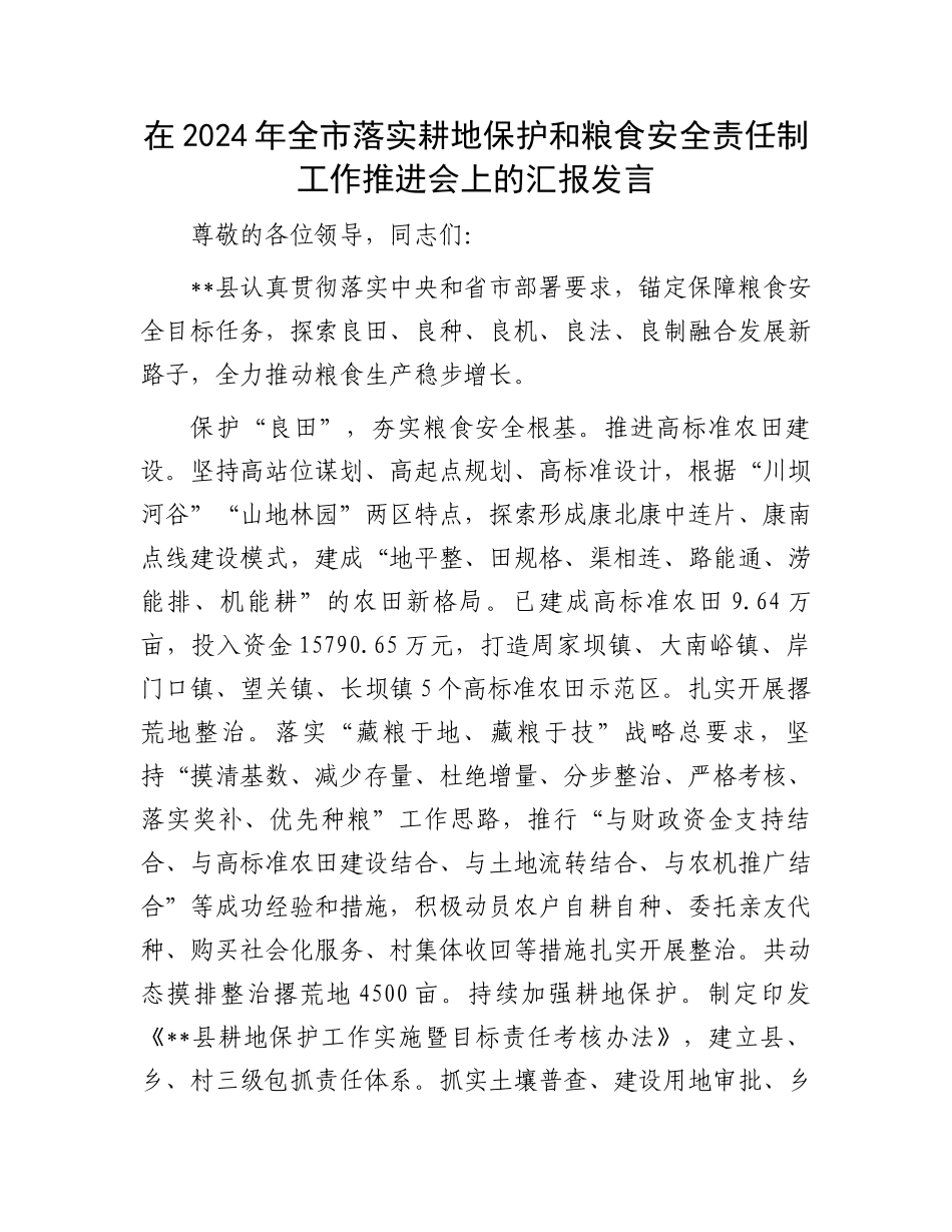 在2024年全市落实耕地保护和粮食安全责任制工作推进会上的汇报发言_第1页