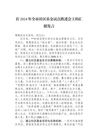 在2024年全市社区基金试点推进会上的汇报发言