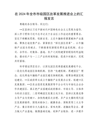 在2024年全市市级园区改革发展推进会上的汇报发言