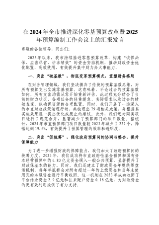 在2024年全市推进深化零基预算改革暨2025年预算编制工作会议上的汇报发言