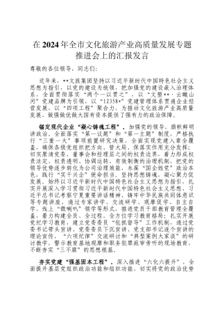 在2024年全市文化旅游产业高质量发展专题推进会上的汇报发言