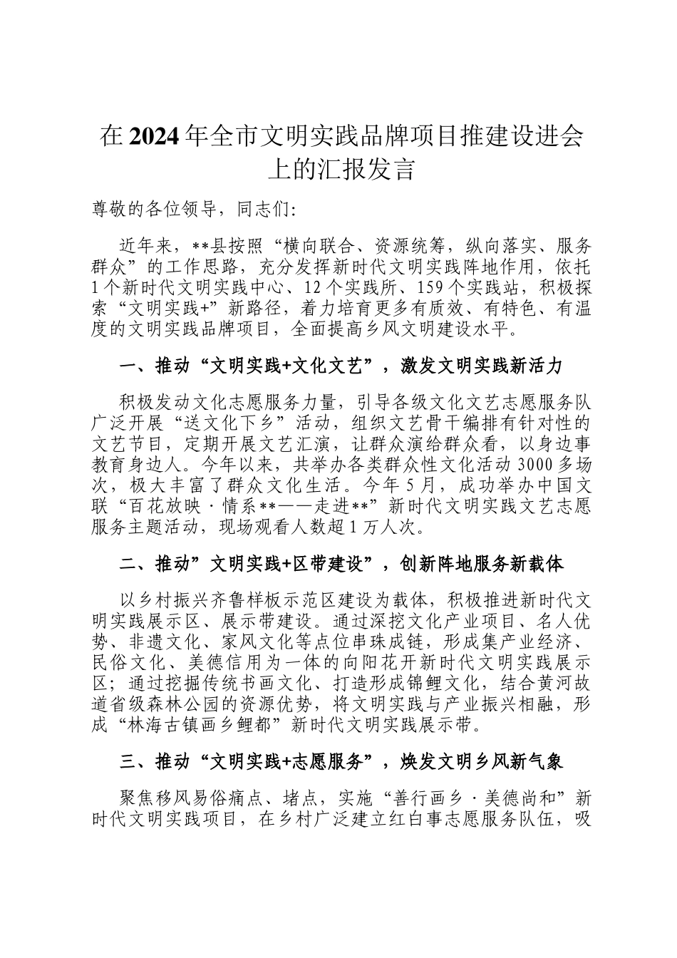 在2024年全市文明实践品牌项目推建设进会上的汇报发言_第1页