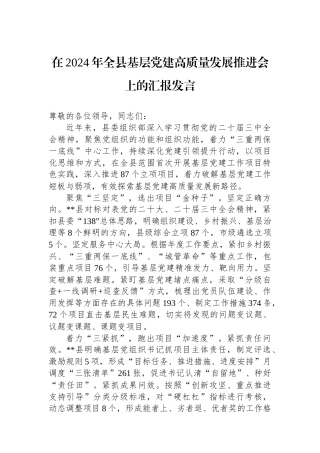 在2024年全县基层党建高质量发展推进会上的汇报发言