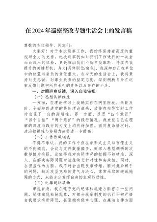 在2024年巡察整改专题生活会上的发言稿
