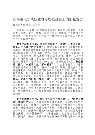 在高端人才队伍建设专题推进会上的汇报发言
