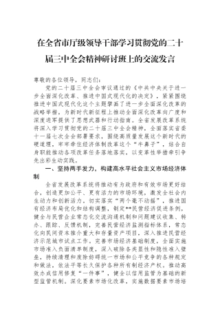 在全省市厅级领导干部学习贯彻党的二十届三中全会精神研讨班上的交流发言