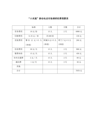 “小灵通”网络手机市场调研费用预算表