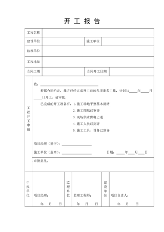 工程开工报告表格