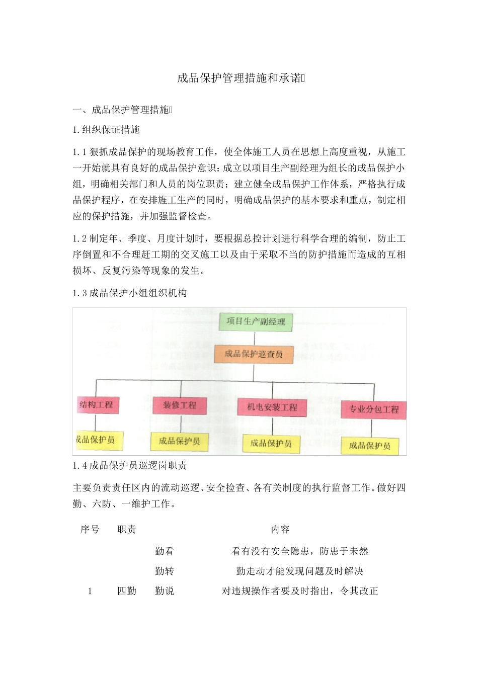 工程成品保护管理措施和承诺_第1页